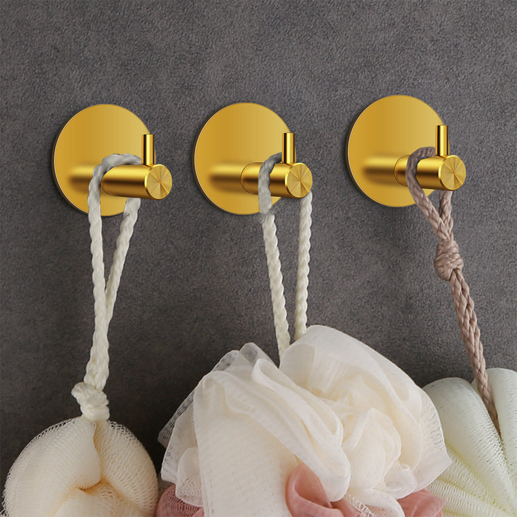 HASTHIP 4pcs Self Adhesive Wall Hooks, Golden Stainless Steel Utility Hooks, 0.5 Inch Round Rust-Proof Waterproof Hooks for Bathroom, Kitchen, Bedroom, Door Back, Hanging Bags, Hats, Towels & Keys
