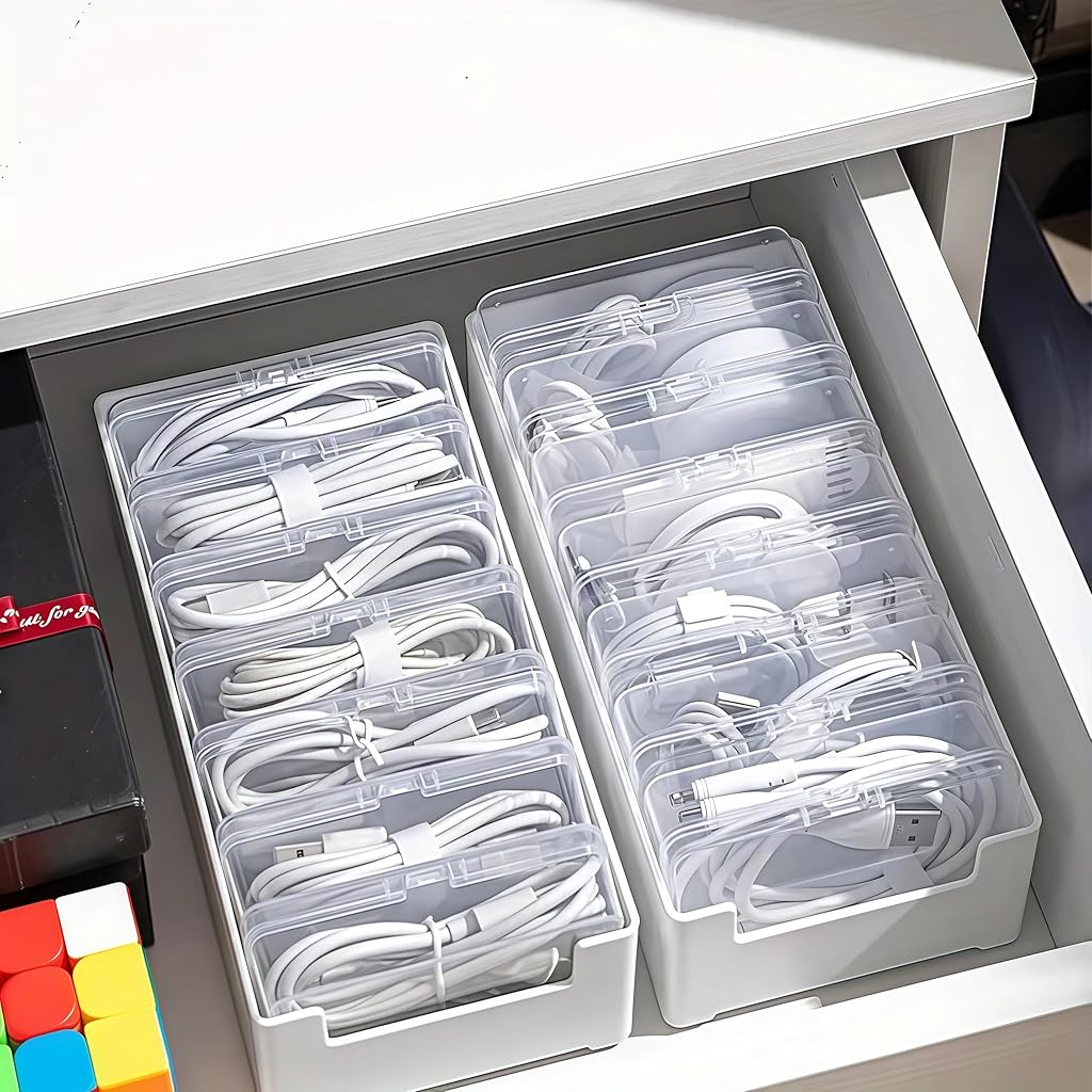 HASTHIP® 7 Box Cable Organizer Storage Box for Office,Home,Desk Accessories Storage Stationery Supplies and Accessories White-Transparent