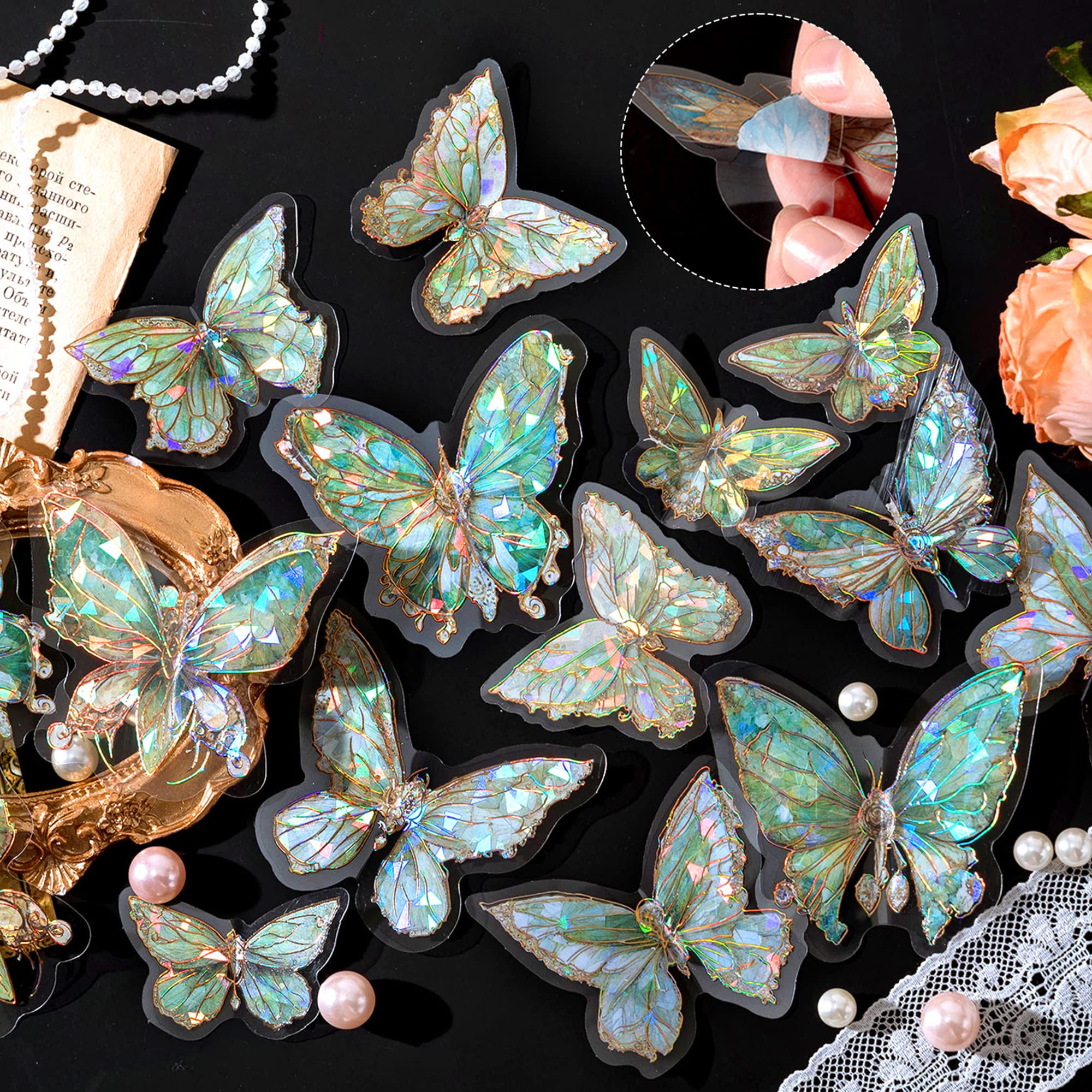 HASTHIP Butterfly Stickers Set - Ice Crystals Holographic Shiny Transparent Resin Waterproof Stickers Decals for Scrapbooking Supplies Bullet Journals Daily Planner Laptop (80 Pieces with 4 Themes)