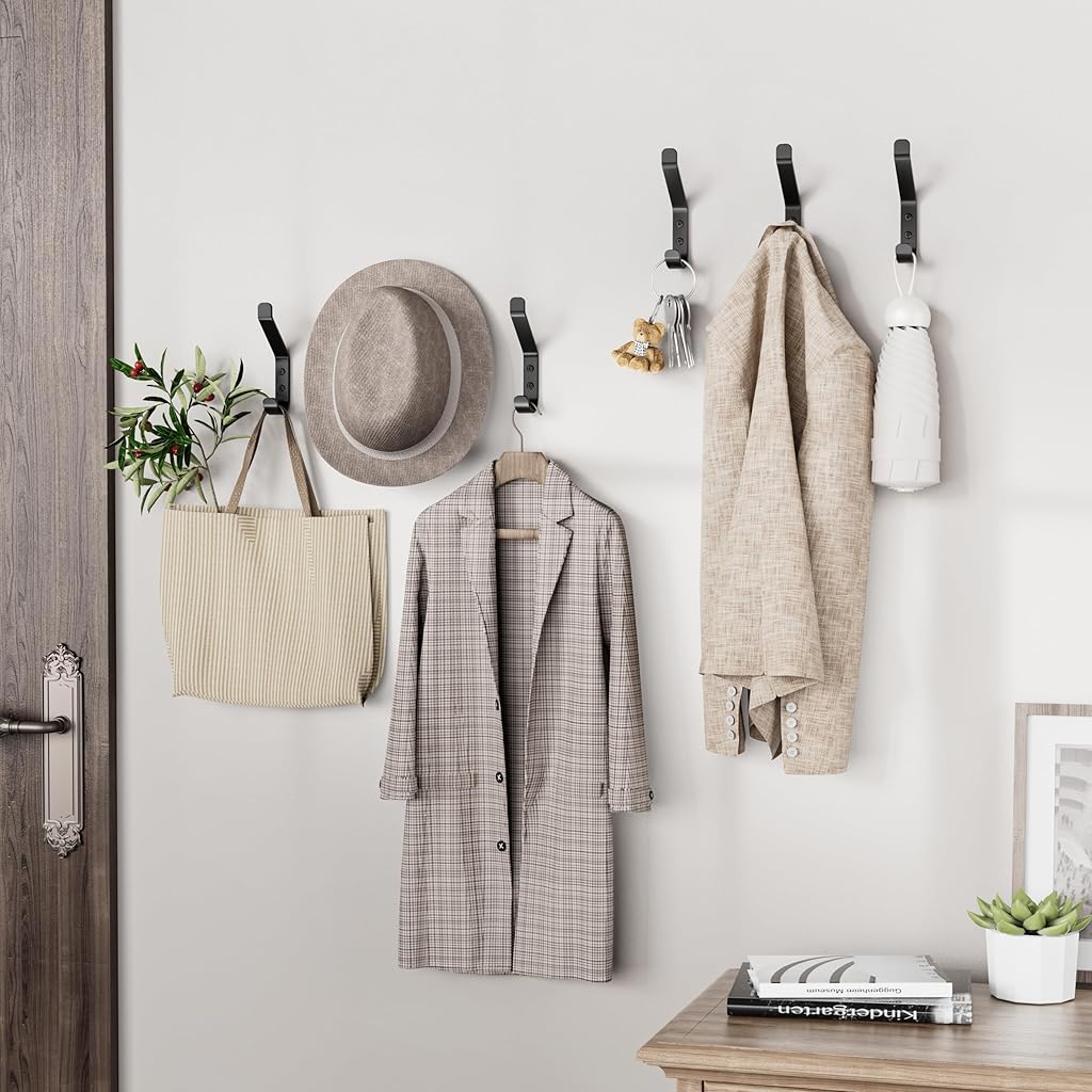 HASTHIP® 4Pcs Wall Hooks Hat Hooks Garment Hanger Hooks Coat Hooks Dual-hook Design Modern Minimalist Cast Iron Wall Mount Hooks with Screws Kit, Versatile Wall Hooks for Entryway, Wall, Room, Kitchen
