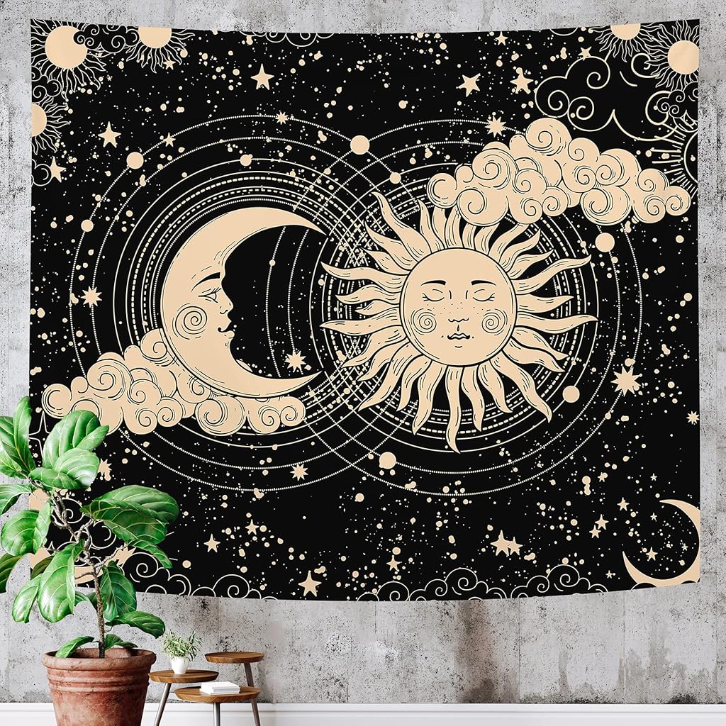 HASTHIP Sun and Moon Tapestry Aesthetic Sun Moon Tapestry Black Dark Spiritual Tapestries Wall Hanging Room Decor for Bedroom Livingroom (51