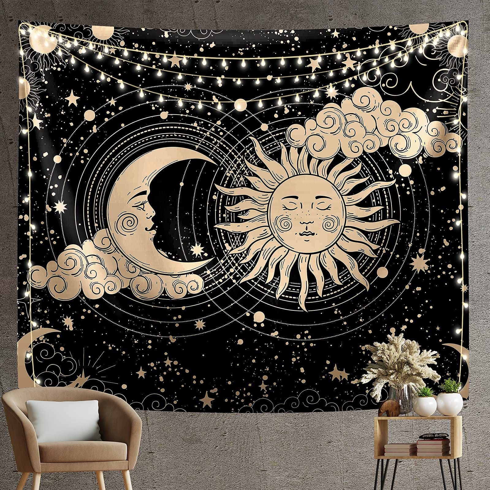 HASTHIP Sun and Moon Tapestry Aesthetic Sun Moon Tapestry Black Dark Spiritual Tapestries Wall Hanging Room Decor for Bedroom Livingroom (51