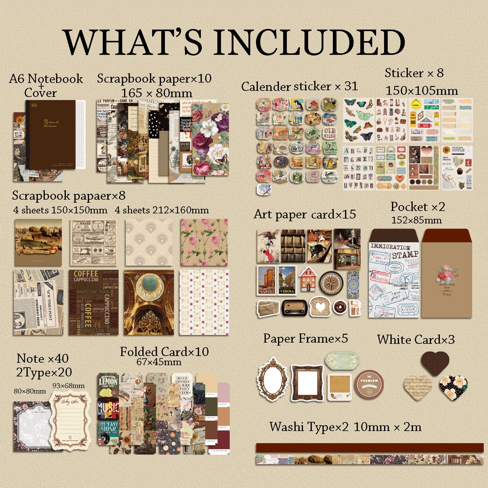 HASTHIP Vintage Scrapbook Stickers Pack with A6 Notebook, Aesthetic Paper, Washi Tape for DIY Craft Journaling Bullet Junk Journal Planners Album