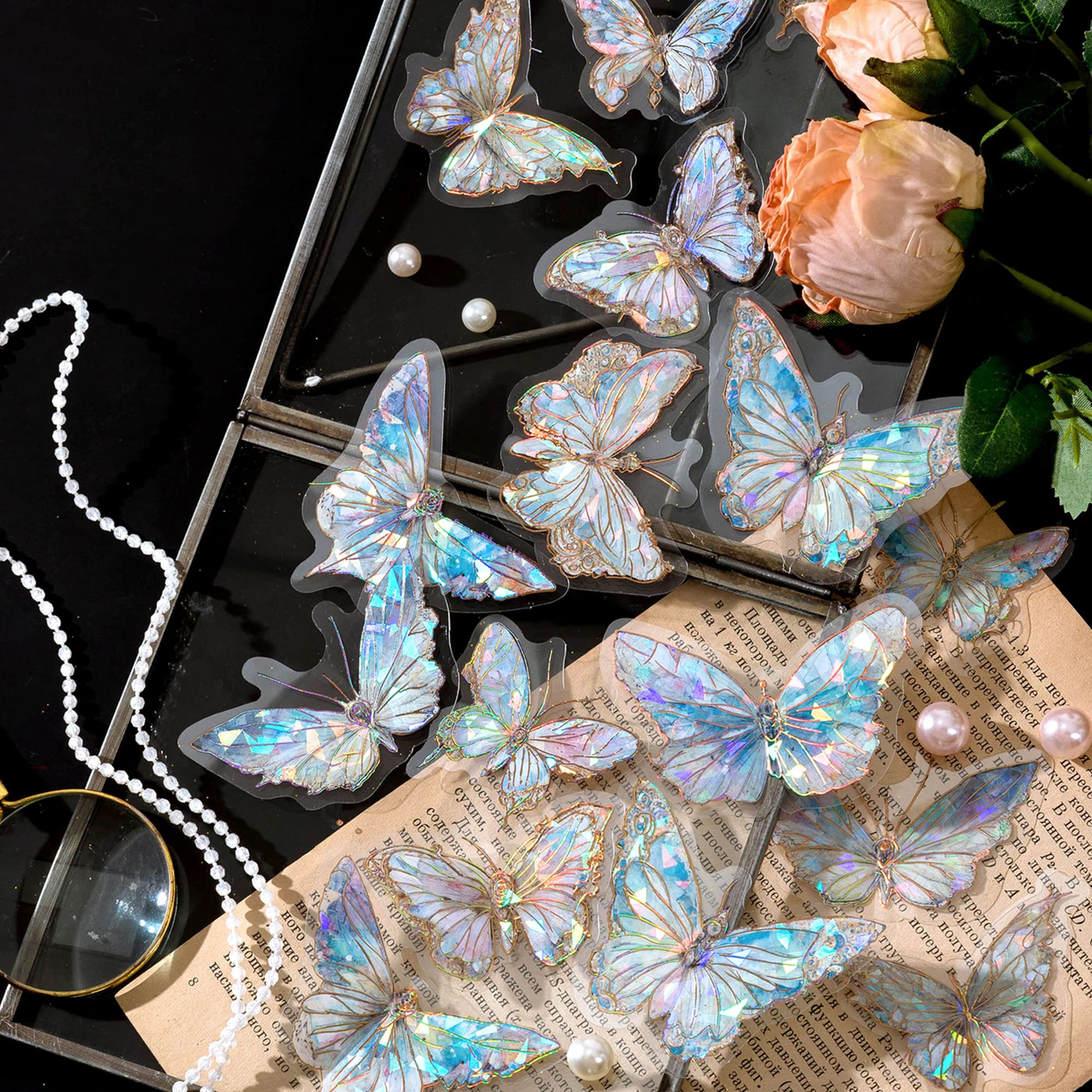 HASTHIP Butterfly Stickers Set - Ice Crystals Holographic Shiny Transparent Resin Waterproof Stickers Decals for Scrapbooking Supplies Bullet Journals Daily Planner Laptop (80 Pieces with 4 Themes)
