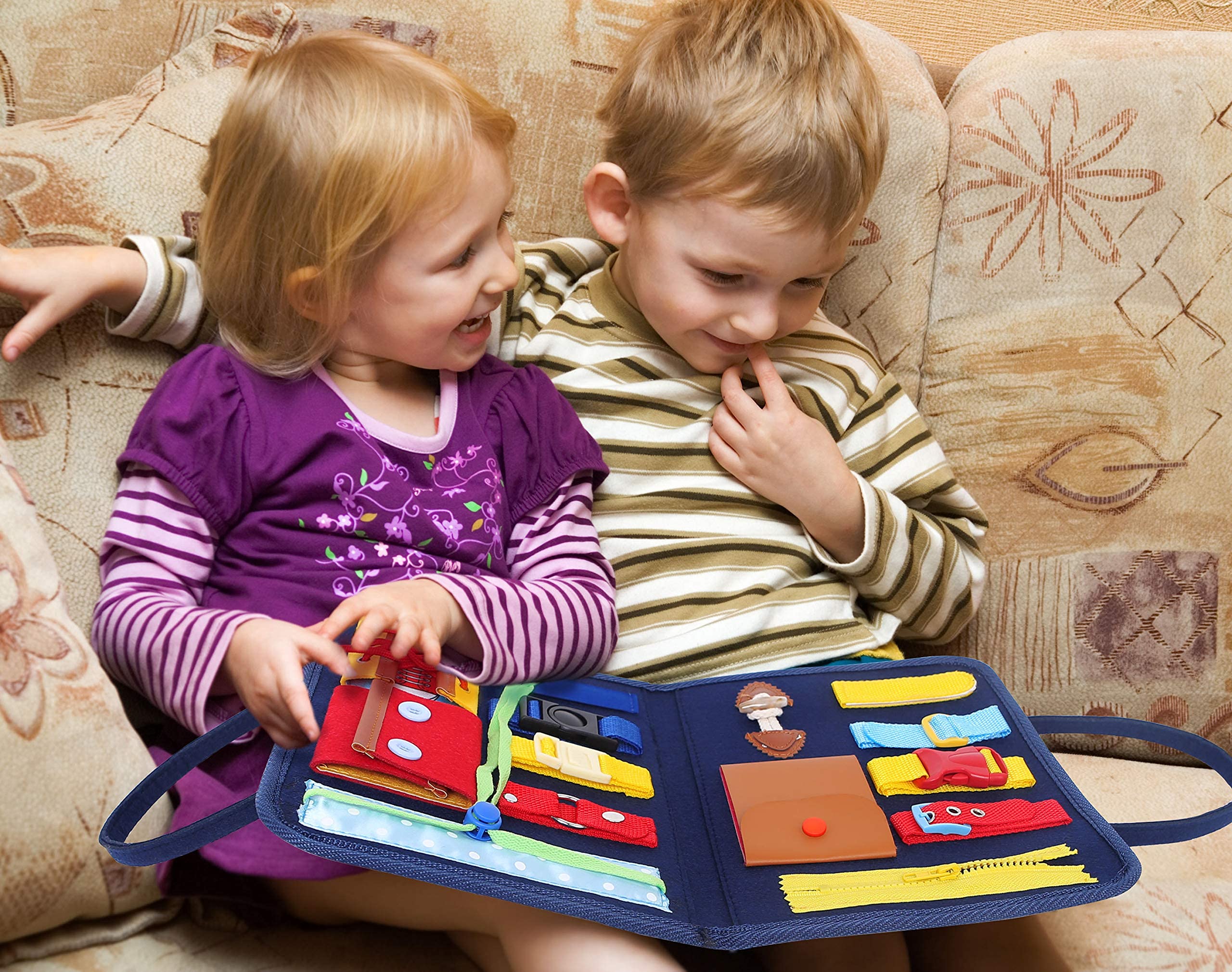 SNOWIE SOFT Toddler Busy Board, Montessori Toy for Develop Basic Skills, 14 in 1 Learn to Dress Toy for 1-4 Year Old Kids, Parent-Kids Activity Toy, Bag Design for Airplane or Car Travel,Multicolor