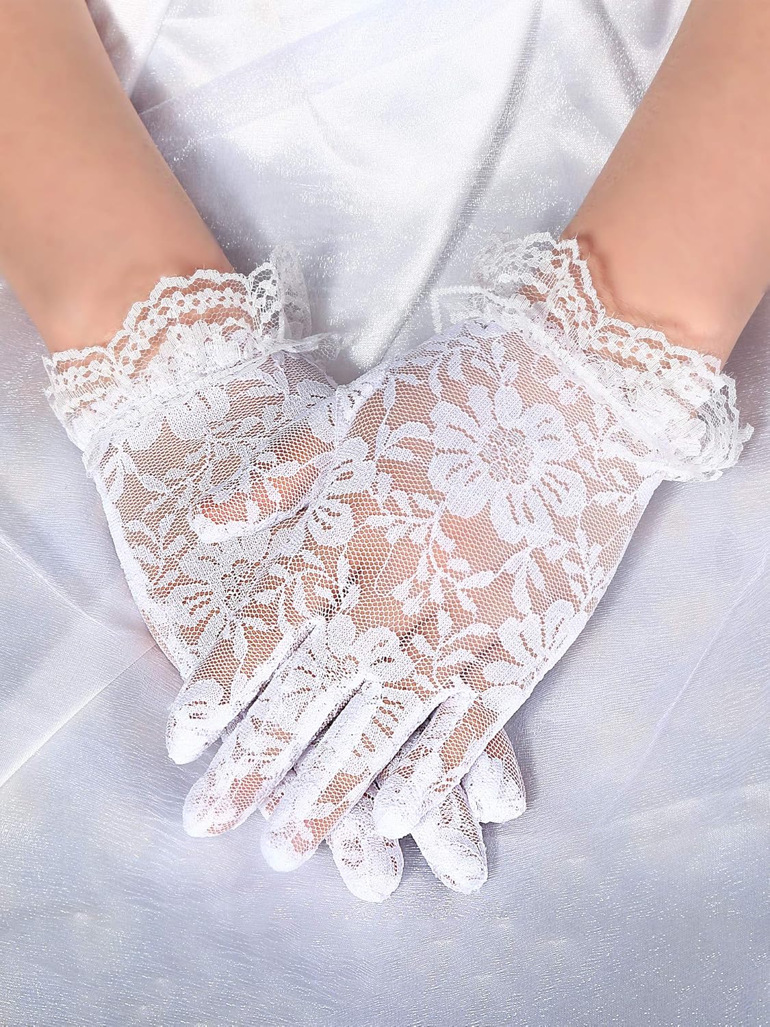 ZIBUYU® Lace Gloves for Bride Marriage Dress Gathered Rhinestone Lace Sequins Satin Bridal Party Wedding(white)