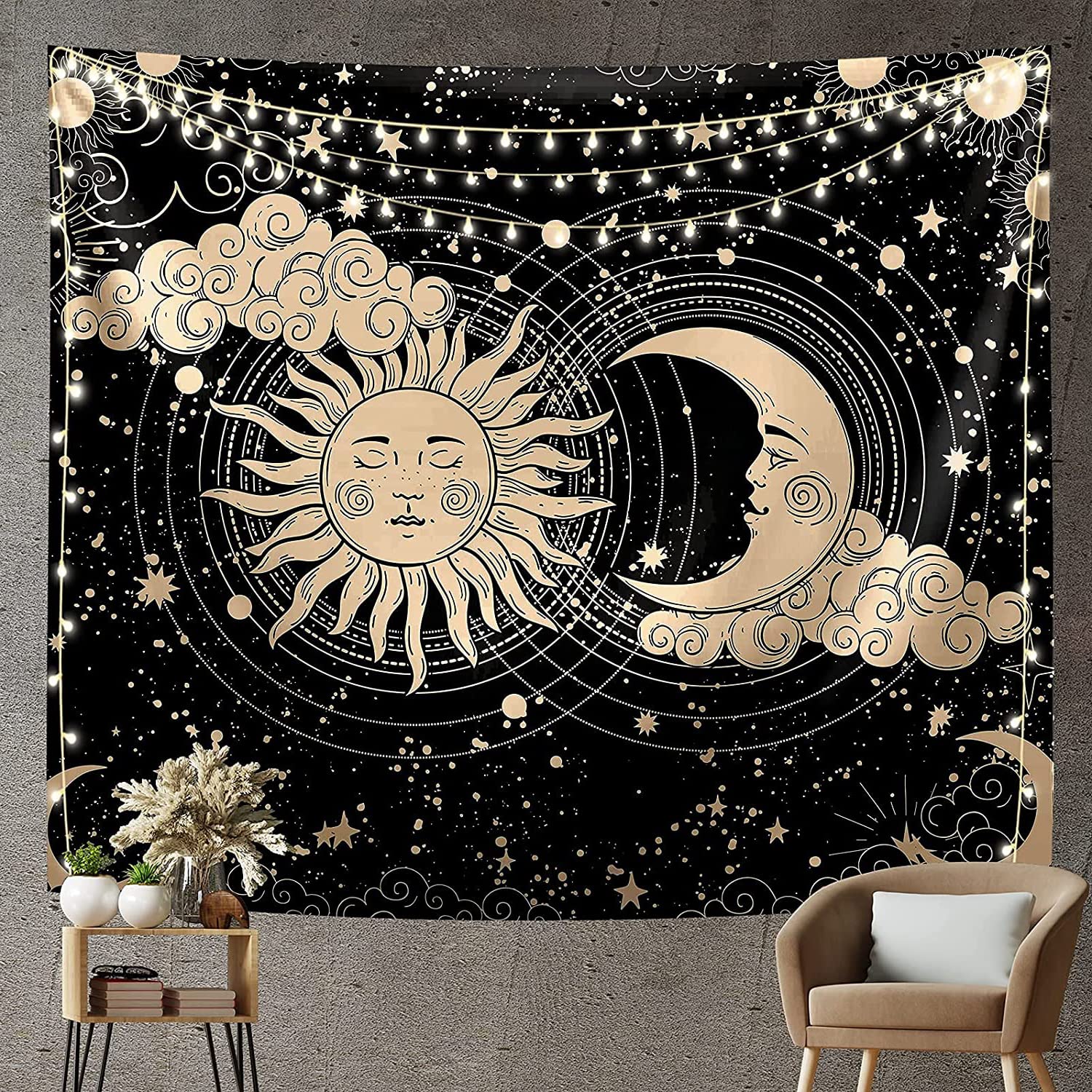 HASTHIP Sun and Moon Tapestry Aesthetic Sun Moon Tapestry Black Dark Spiritual Tapestries Wall Hanging Room Decor for Bedroom Livingroom (51