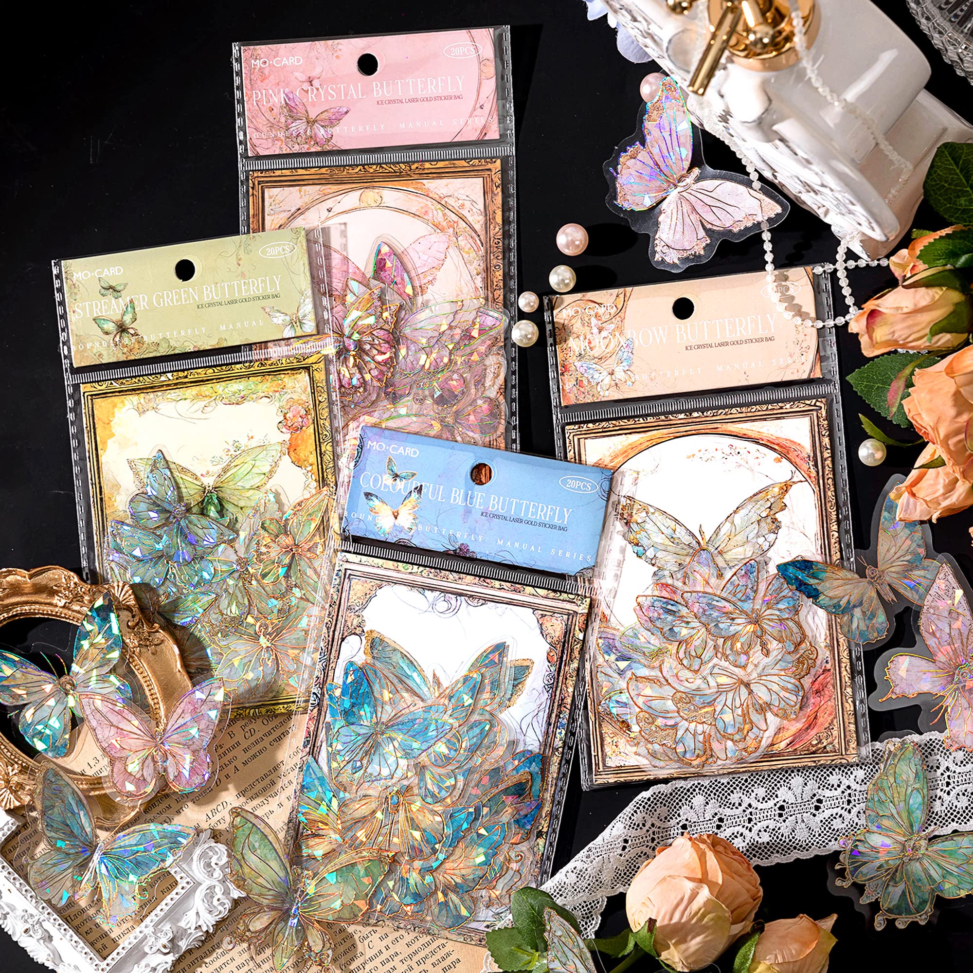 HASTHIP Butterfly Stickers Set - Ice Crystals Holographic Shiny Transparent Resin Waterproof Stickers Decals for Scrapbooking Supplies Bullet Journals Daily Planner Laptop (80 Pieces with 4 Themes)