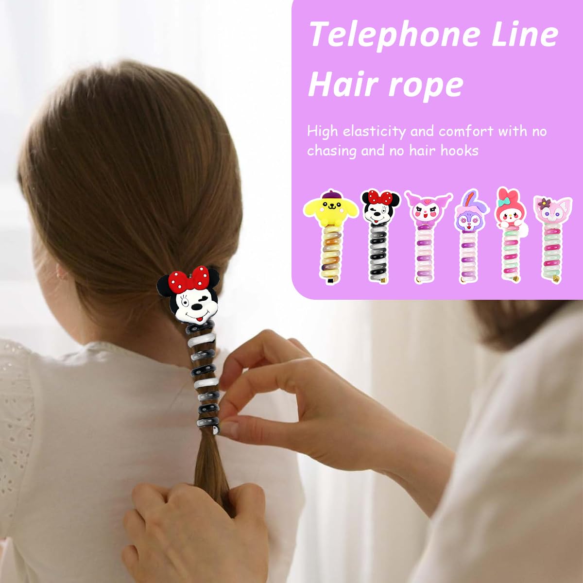 PALAY 6Pcs Telephone Wire Hair Band for Kids Cartoon Spiral Hair Ties Cute Kids Hair Accessories for Girls Kawaii Spring Rubber Bands for Hair Braids Ponytail Maker