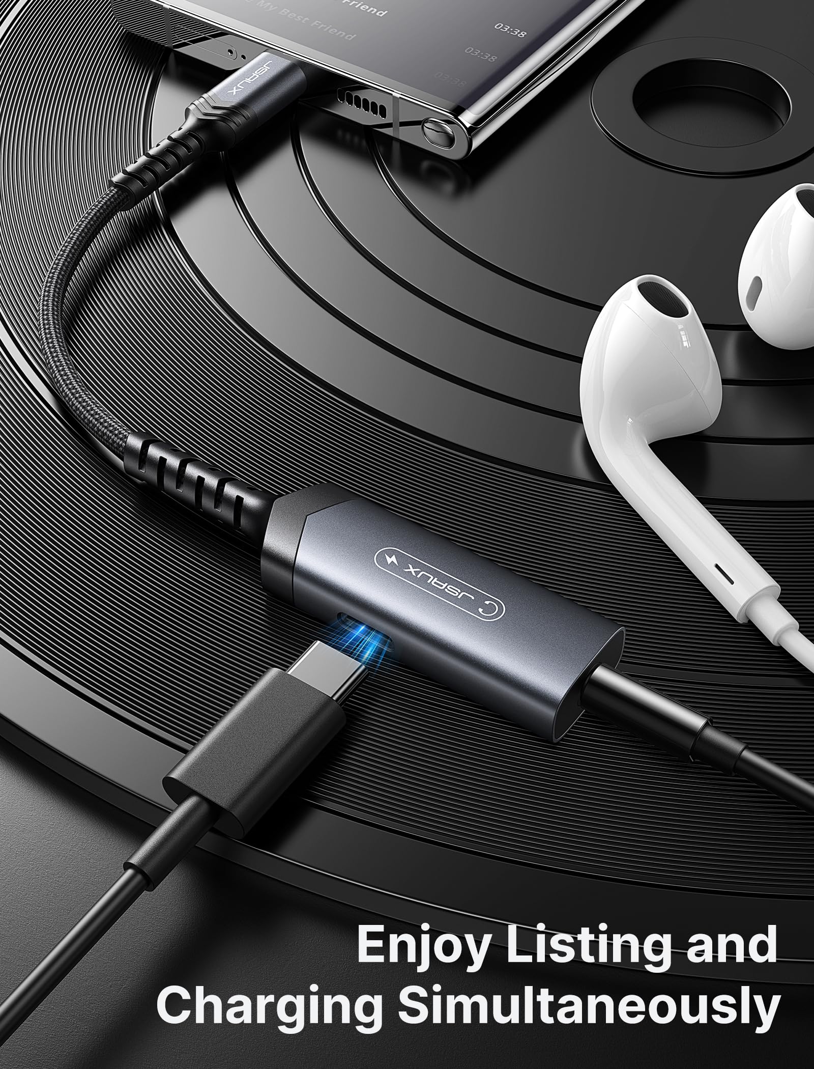 JSAUX USB to 3.5mm Jack Audio Adapter, 2 in 1 Type C to Aux Audio Jack with PD 30W Fast Charging, Sound Card Game Audio Adapter Compatible with iPhone 15, Galaxy S22 S21 Ultra S20 S20+ Plus Note 20