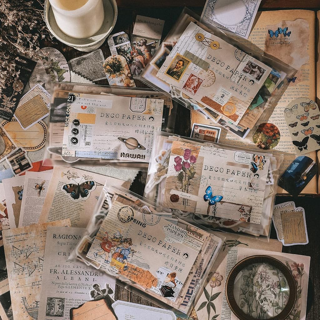 HASTHIP® 400PCS Vintage Scrapbook Supplies Pack for Art Journaling Bullet Notebook DIY Album Sticker Journal Stickers Tape Beige