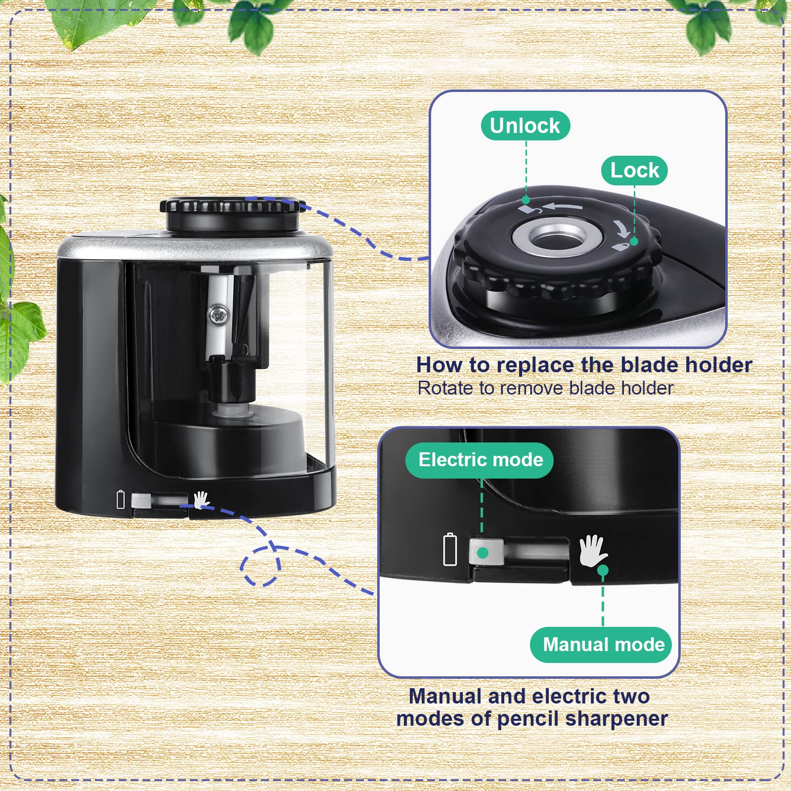 Climberty Electric Pencil Sharpener, Battery Operated, Dual Slot Pencil Sharpener with Durable Blade to Fast Sharpen, Automatic Sharpener for 6-12mm Pencils, Without Battery (Blue)