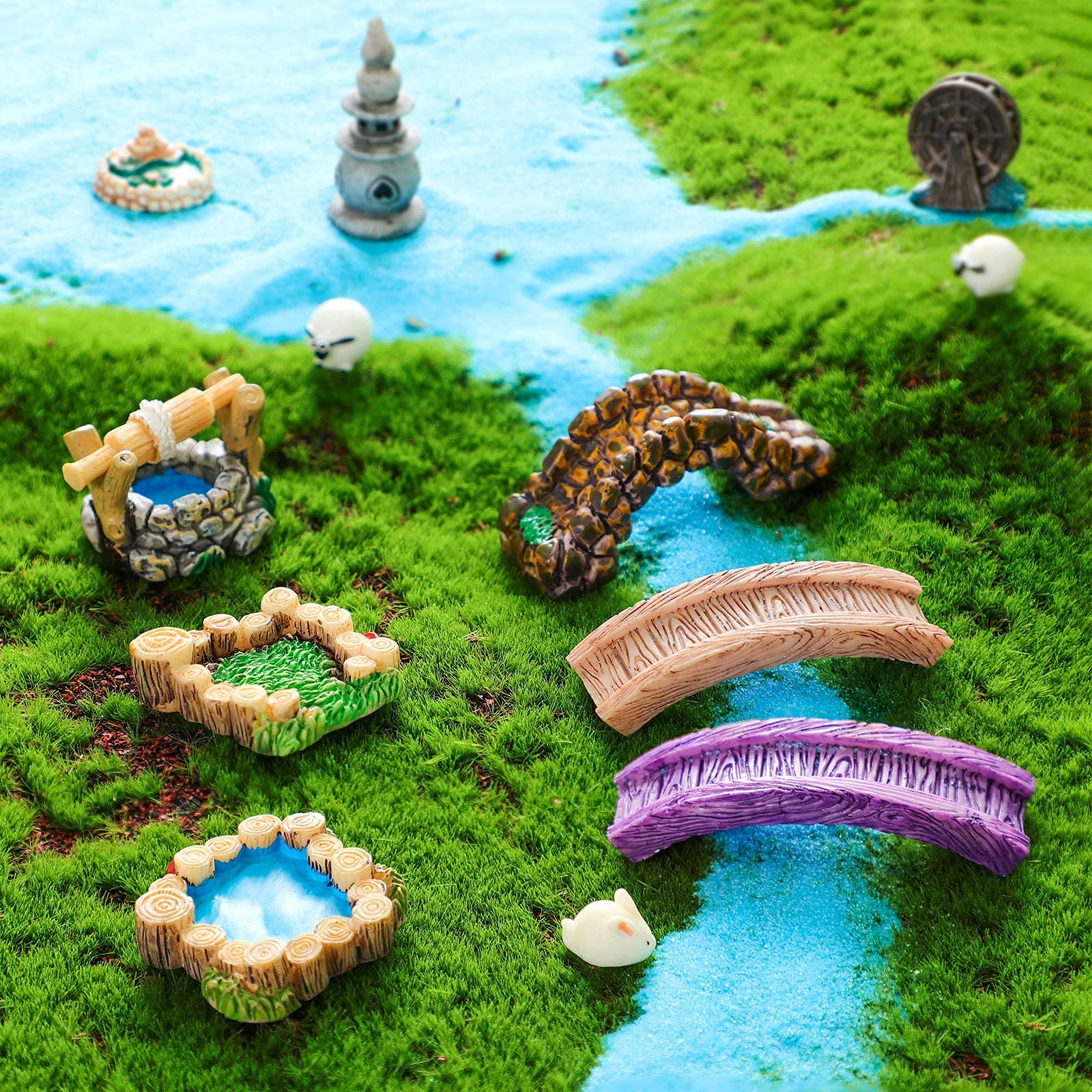 HASTHIP Miniature Garden Bridge Figurines Mini Resin Lighthouse Water Well Fairy Garden Accessories (White, 12 Pieces, Free Size)