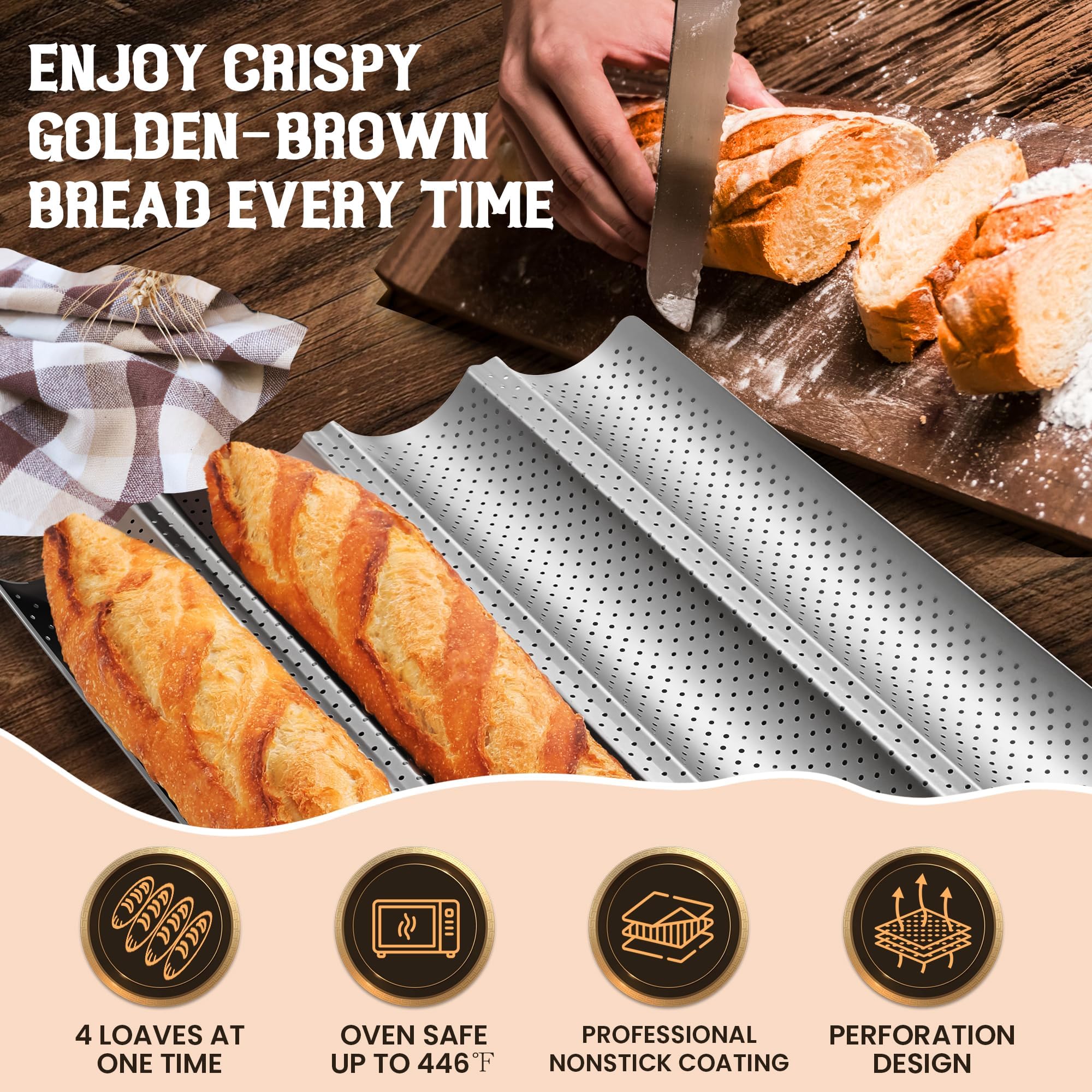 HASTHIP Loaf Bread Proofing Tray 14.9 inches 4-Groove Heat Resistant Carboon Steel Baking Tray for Chewy Loaf Bread Non-stick Coated Baking Tray for Sourdough, French Bread