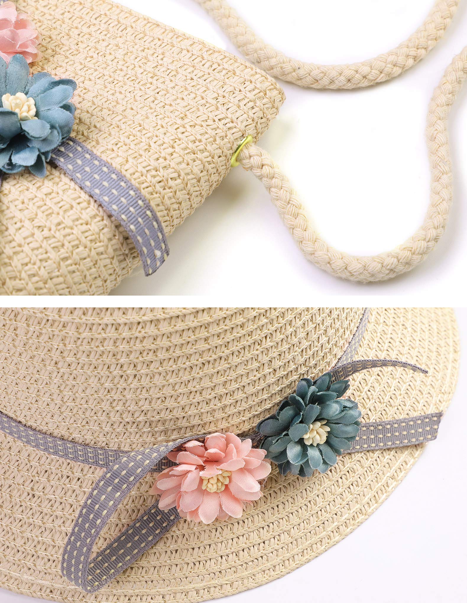 PALAY Summer Straw Hats for Girls 4-6 Year-Old Kids Flowers Straw Cap Beach Sun Hat Tea Party Hat Purse Holiday Travel Outdoor Beige