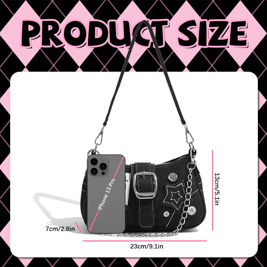 PALAY Chic Shoulder Bag for Girls Canvas Handbag with Chain Charm Small Hobo Bag Stylishly Sweet Y2K Star Patchwork Letter Printed Handbag Casual Small Shoulder Zipper Bag, 23x7x13cm