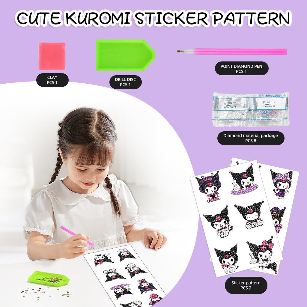 PATPAT DIY Diamond Painting Art Kit Kuromi Diamond Stickers DIY Material Kit with Tools 12Pcs DIY Diamond Painting Cartoon Kuromi Kawaii Stickers for DIY Crafts, Scrapbooking