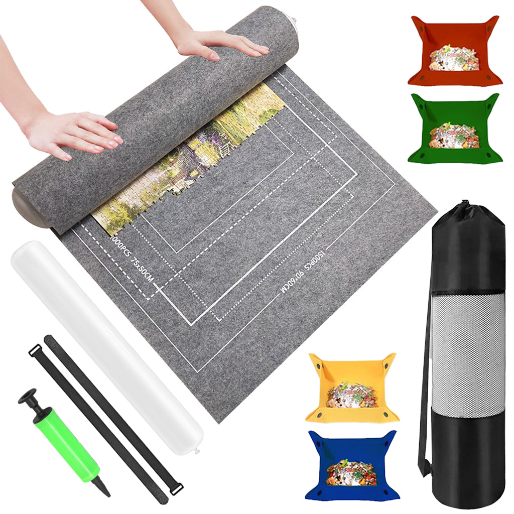 PATPAT Felt Puzzle Floor Mat Puzzle Storage Mat for 1500 Count Jigsaw Puzzle Pieces, with 4 Puzzle Pieces Organizer Tray, Air Pillar, Air Pump, Fastener Strap, Storage Bag, No Jigsaw Puzzle Included