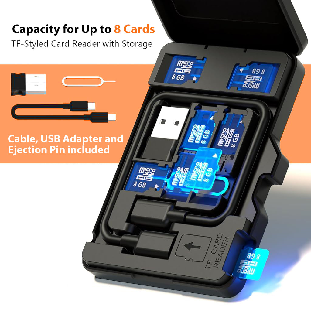 Verilux USB C Micro SD Memory Card Reader with 8 Slots SD/TF Card Reader Memory Card Flip Up Lid Design Card Reader Storage Case with USB A Adapter Universal Memory Card Reader for Phone, Laptop, PC