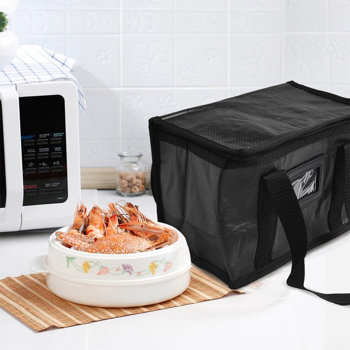 ZIBUYU Insulated Grocery Shopping Bags, Black, Reusable Bag,Thermal Zipper,Collapsible,Tote,Cooler,Food Transport hot and Cold,Camping,Recycled Material delivery Groceries
