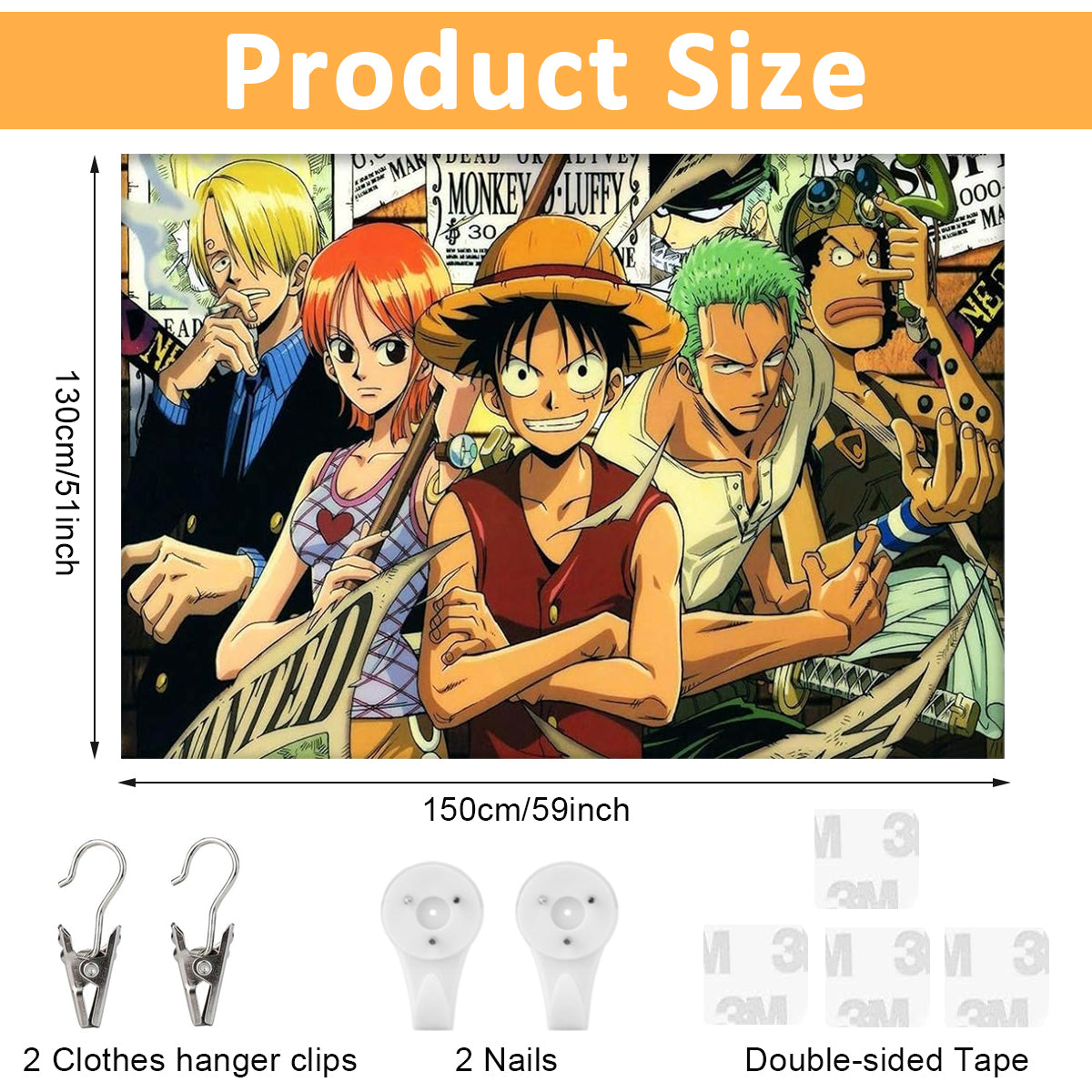HASTHIP Anime Tapestry, Cartoon Wall Tapestry for Room Decor Monkey D Luffy Group Photo Tapestry Retro Wall Tapestry for Bedroom Livingroom with Installation Accessories, 51x59 inches