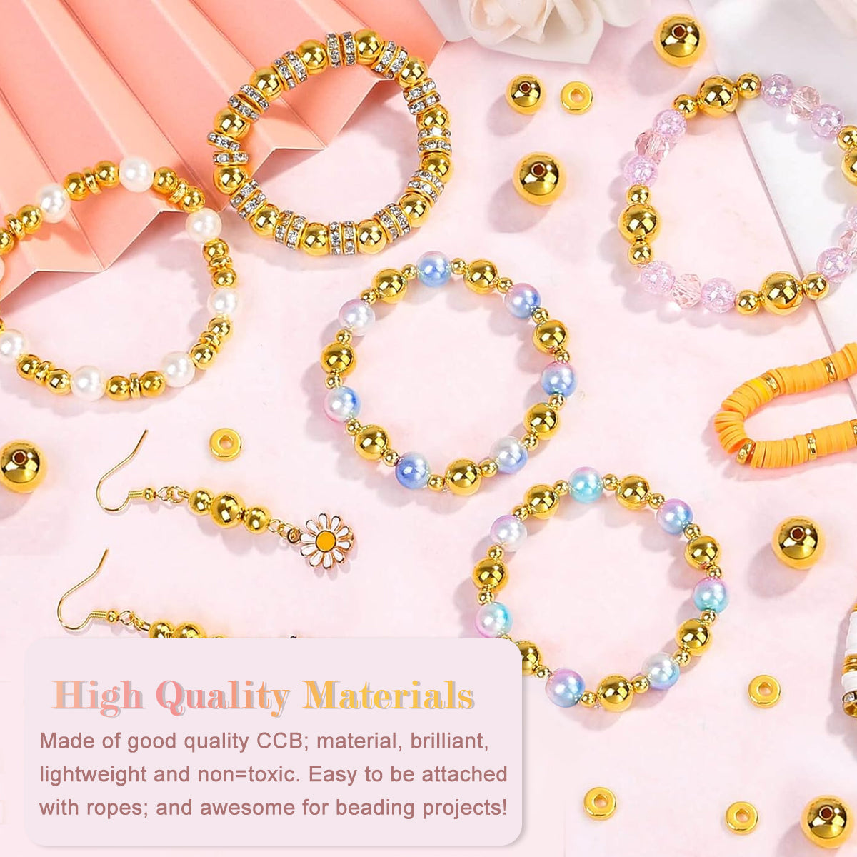 SANNIDHI 1000Pcs Golden Beads for Bracelet Making, Round Spacer Beads for Jewelry Making, 4/6/8/10mm Smooth Beads Spacer Rings, Resin Loose Ball Beads Kit for DIY Craft