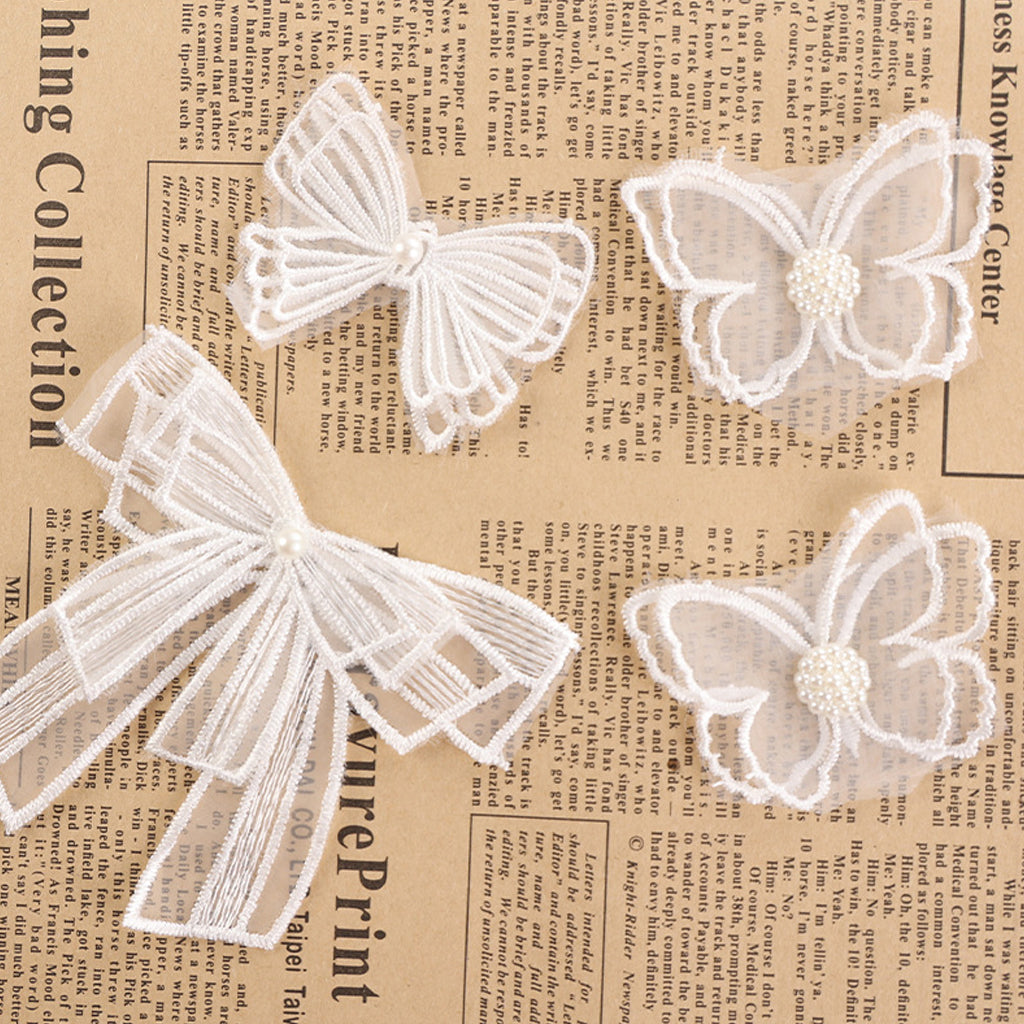 HASTHIP 15Pcs Embroidery Crafts Decals White Lace Bow Charms Butterfly Charms Double Sheer Bow Charms for DIY Crafts, DIY Headbands, Hair Clips, Socks