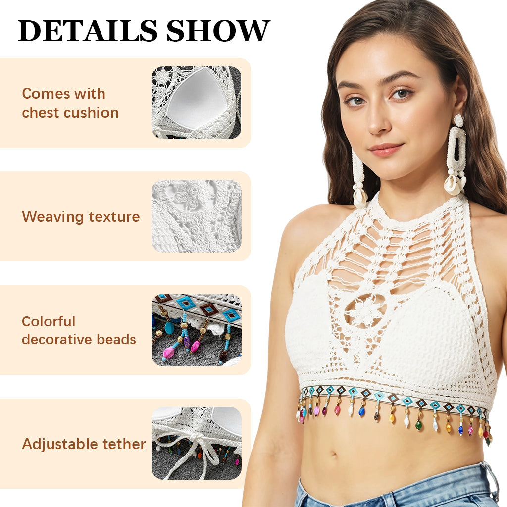 PALAY Women's Summer Beach Backless Crochet Halter Bikini Crop Top Crochet Hollow Out Tassle Embroidery Knit Boho Beachwear