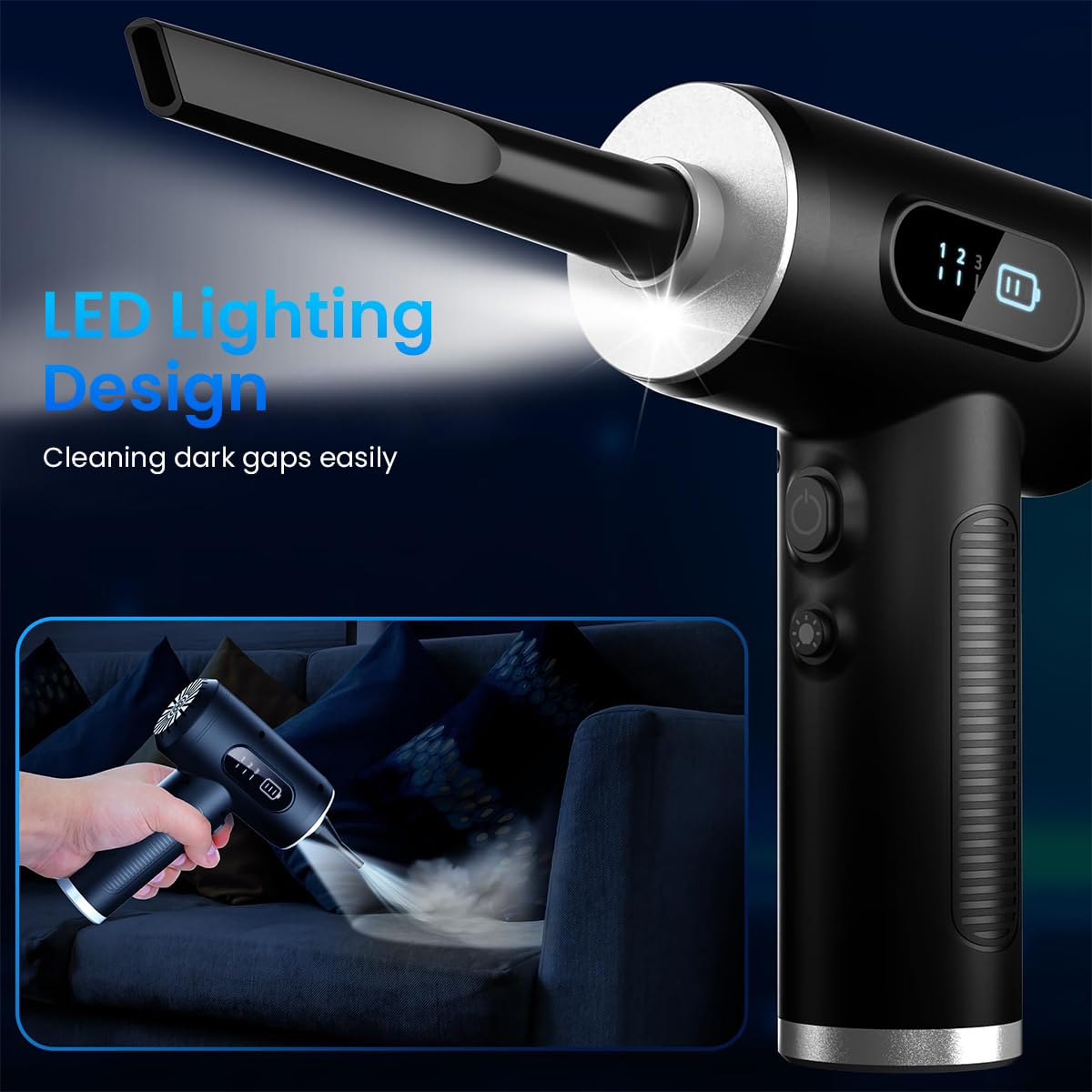 Verilux Electric Compressed Air Duster, 6000PA Handheld Cordless Air Duster, 3 Gear Adjustable 100000RPM Car Vacuum Cleaner & Multi Nozzle & LED Light, 110W 6000mAh Cordless Air Blower for Computer Keyboard