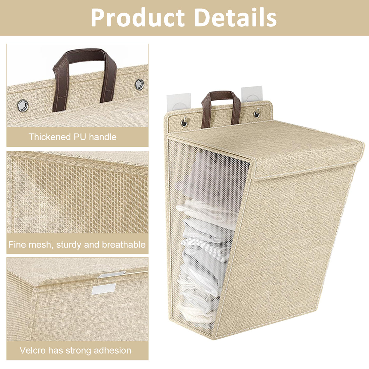HANNEA Laundry Basket with Lid Wall Laundry Basket with Hanging Eyelets Breathable Linen Mesh Fabric Upright Dirty Cloth Hamper Portable Laundry Bin with Handle, 41x15x58cm