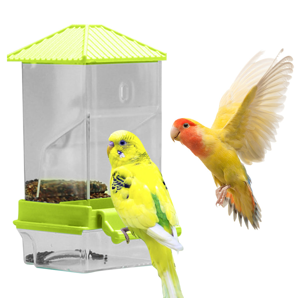 Qpets Parrot Feeder, Bird Feeder for Cage, Transparent Bird Food Box No Jam Automatic Food Feeder with Perch & Bottom Removable Catching Tray - 7.9x8.3x18.5CM