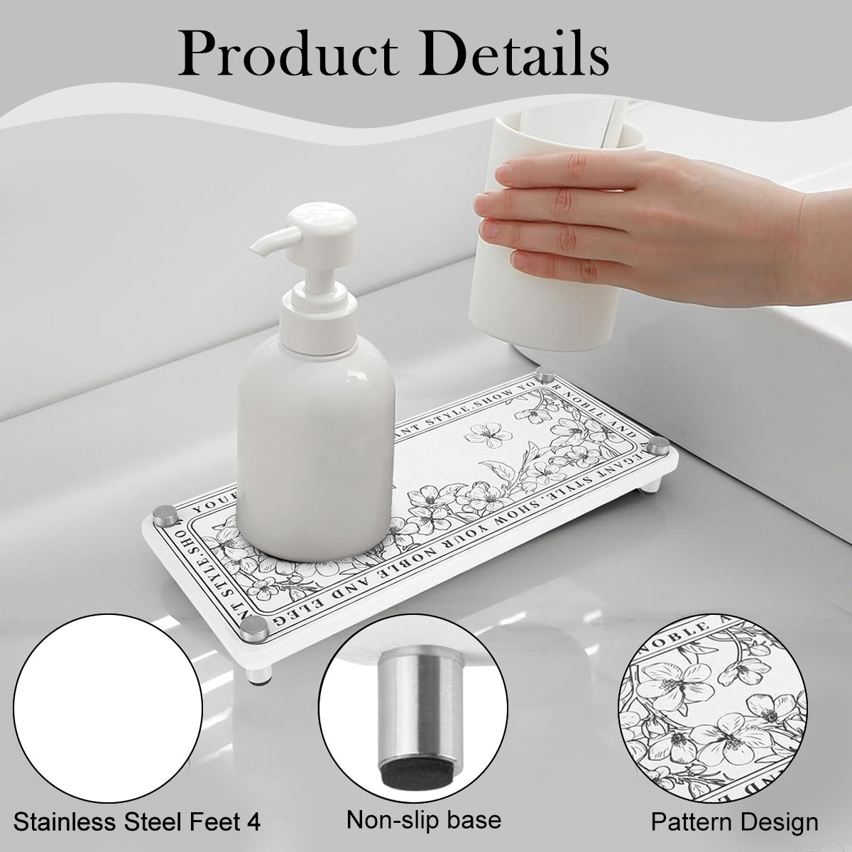 HASTHIP Bathroom Toiletries Holder Elegant Print Countertop Organizer 25x10cm Small Diatom Mud Water Absorbing Storage Shelf Scented Candle Stand Multipurpose Shelf for Bathroom, Kitchen