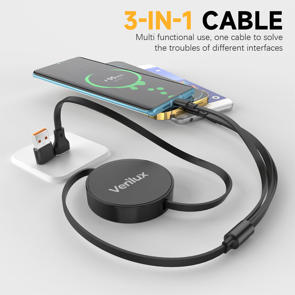 Verilux 3 in 1 USB to Type C Cable, PD 100W Multi USB A/C to USB C/Light-ning/Micro USB Cable, 3.6FT Retractable Car Charger Type C Cable for iPhone 16/15/14, Galaxy S24/S23, Android, Laptop