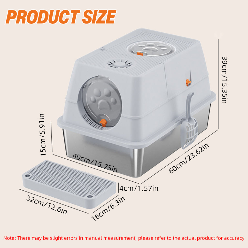 Qpets Stainless Steel Cat Litter Box Dual Doors Anti-Odor Cat Litter Box with Air Vent Includes Cat Litter Catcher & Cat Litter Scoop Enclosed Cat Litter Box with Flip Up Lid, 40x60x39cm