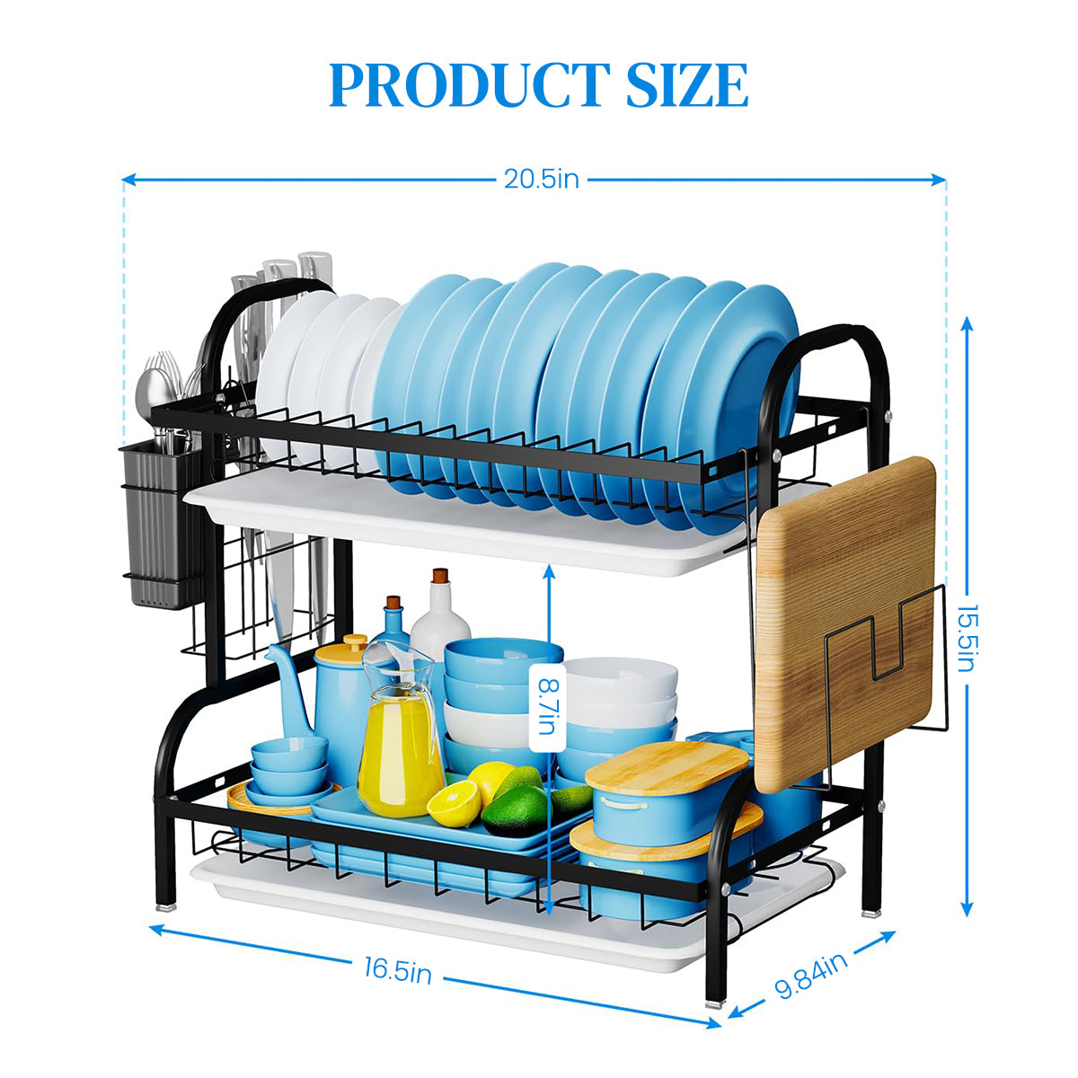 HASTHIP Dish Drying Rack Double Layer Dish Drain Rack Plates Cups Dishes Dry Rack with Removable Water Catch Tray Carbon Steel Kitchen Organizer Modern Kitchen Cutlery Organizer Rack, 43x23.5x39cm