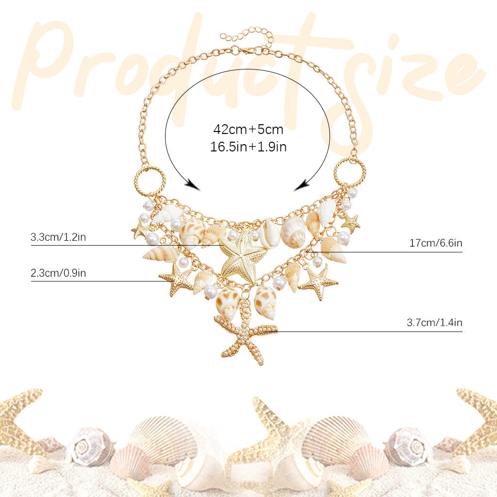SANNIDHI Boho Necklace for Women Golden Seashell Conch Starfish Necklace Heavy Duty Metal Layered Pearl Necklace Beach Wear Bikini Fashion Necklace Adjustable Women Necklace Jewelry Gift