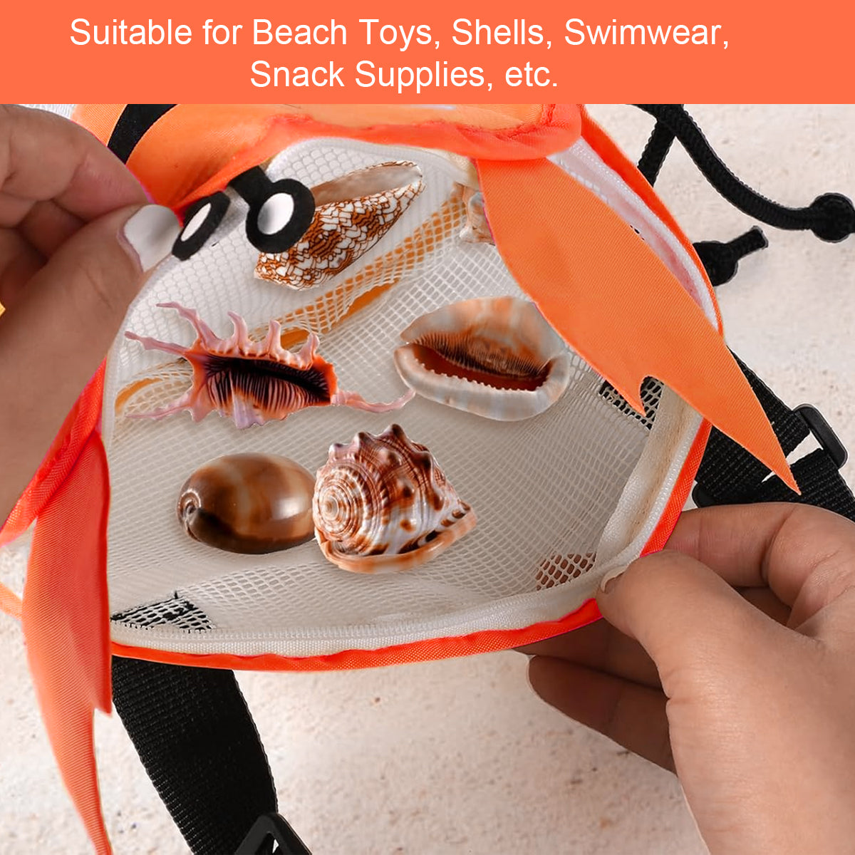 PATPAT Cartoon Beach Bag for Kids Fun Orange Crab Mesh Beach Toy Bag for Kids Zip-up Mesh Bag Shell Collecting Bag Shoulder Bag Gift for Kids, 14x18x10cm