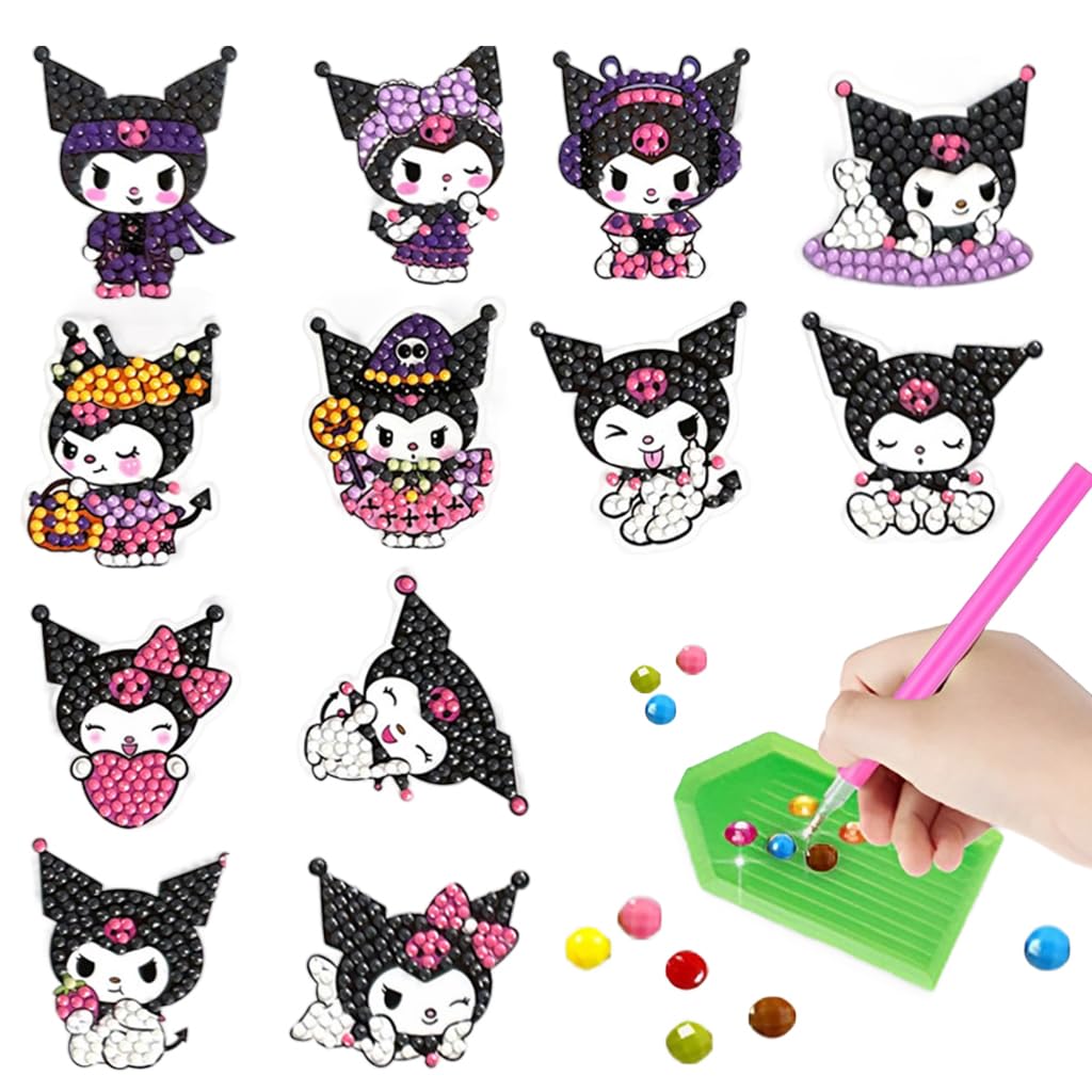 PATPAT DIY Diamond Painting Art Kit Kuromi Diamond Stickers DIY Material Kit with Tools 12Pcs DIY Diamond Painting Cartoon Kuromi Kawaii Stickers for DIY Crafts, Scrapbooking