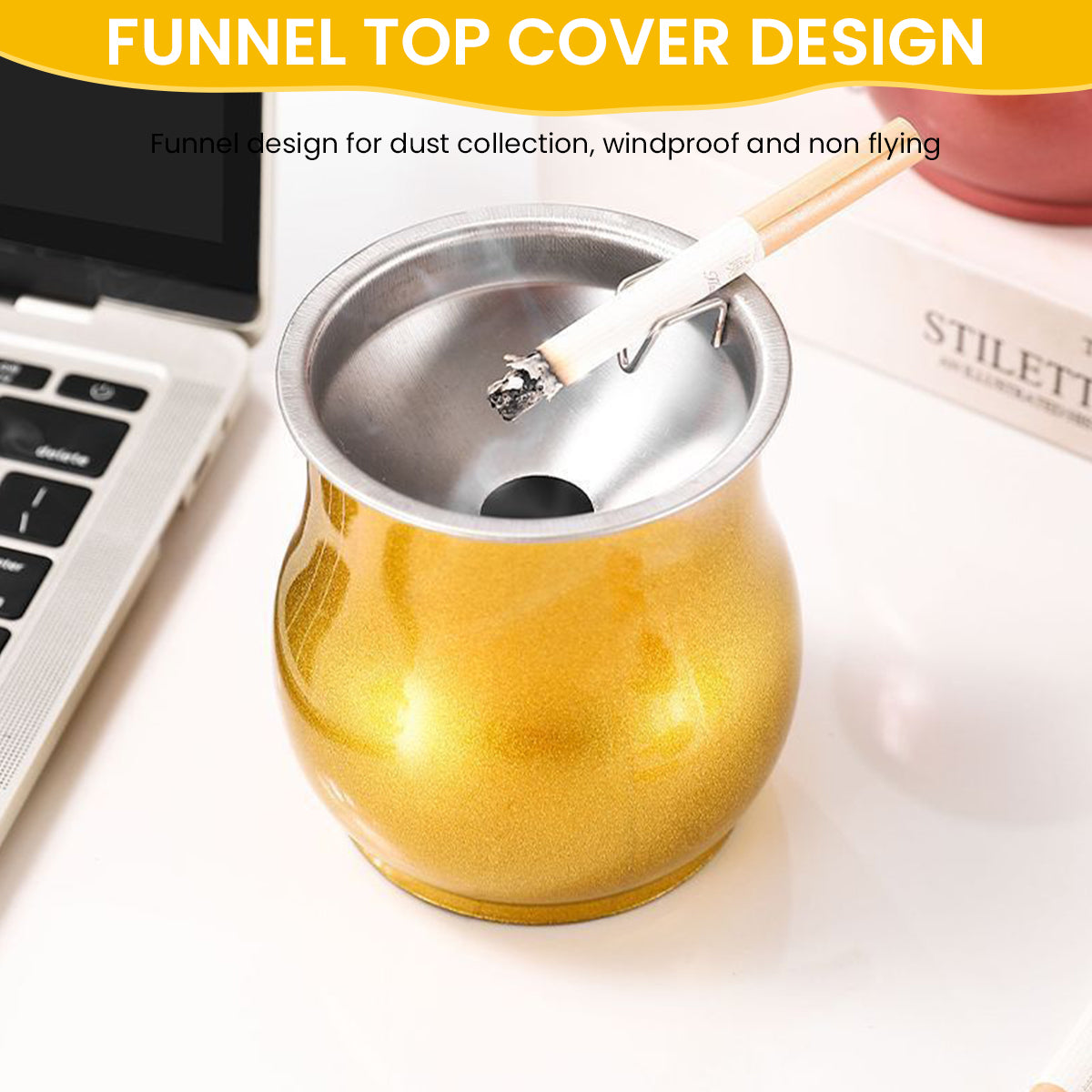 HASTHIP Car Ash Tray Stainless Steel Ashtray, Gold Windproof Ashtray with Funnel Lid, Car Ash Tray Table Ash Tray for Home Office, 3.54x2.75inch (Gold)
