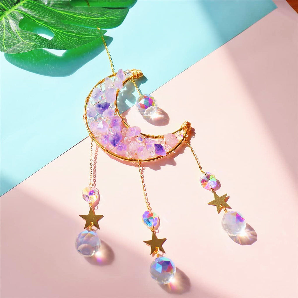 HASTHIP Sparkling Crystal Moon Charm for Home Decor 16.2 inches Decorative Purple Crystal Acrylic Crescent Hanging Charm Auspicious Home Gift Wall Hangings Car Charm