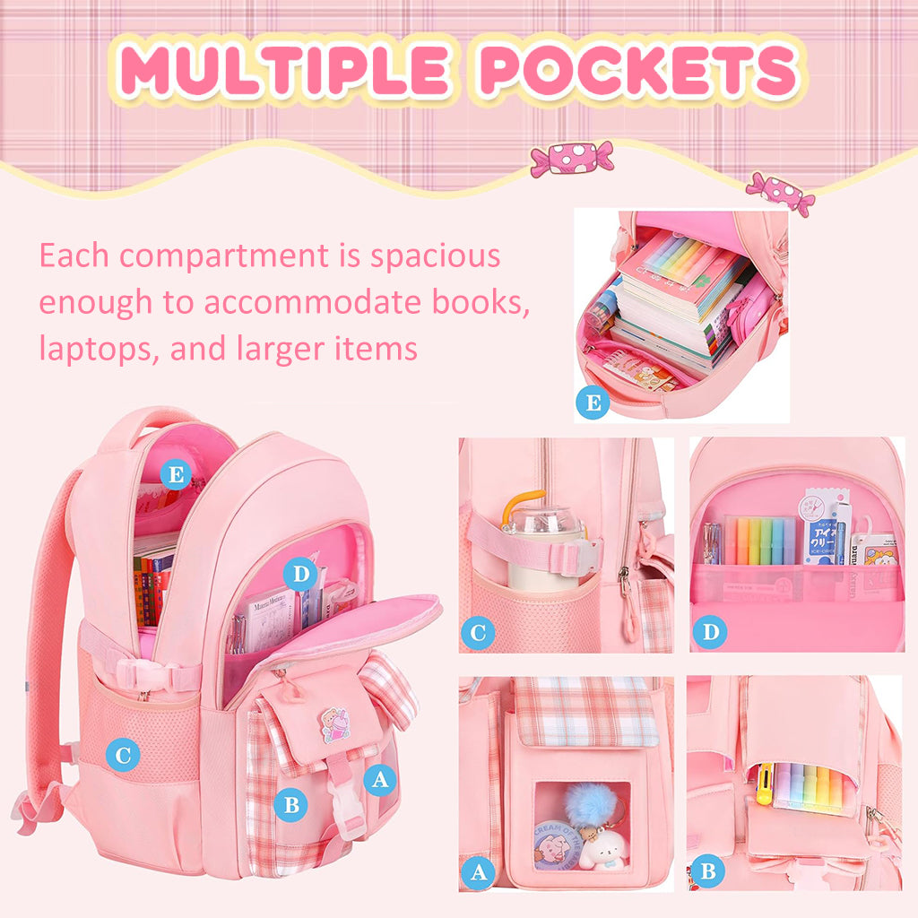 PALAY School Backpack for Girls Pink Plaid Schoolgirls Backpack Book Bag Multi Compartment Waterpoof School Backpack Lightweight Travel Backpack School Gift Birthday Gift for Girls, 46x30x17cm