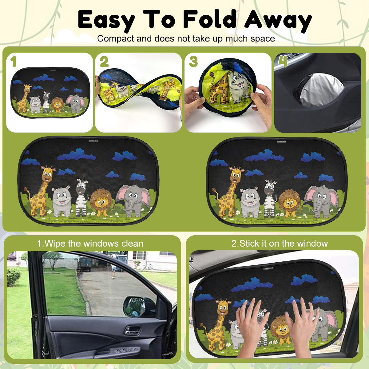 STHIRA 2Pcs Car Window Sun Shade Pop-up Mesh Screen Side Window Shade Stylish Cartoon Blackout Shade UV Protection Sun Shade for Kids Universal Packable Car Window Sun Shade, 17.32x13.78 inches