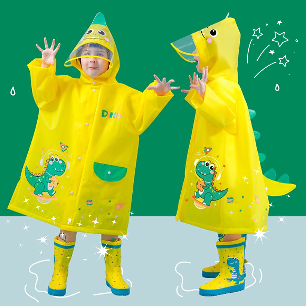 PATPAT Dinosaur Kids Rain Coat EVA Hooded Rain Jacket with Transparent Wide Hood Brim Cartoon Rain Coat for Kids with Storage Pouch, Knee-length Kids Rain Coat for Boys Girls 3-4 Years Old, S