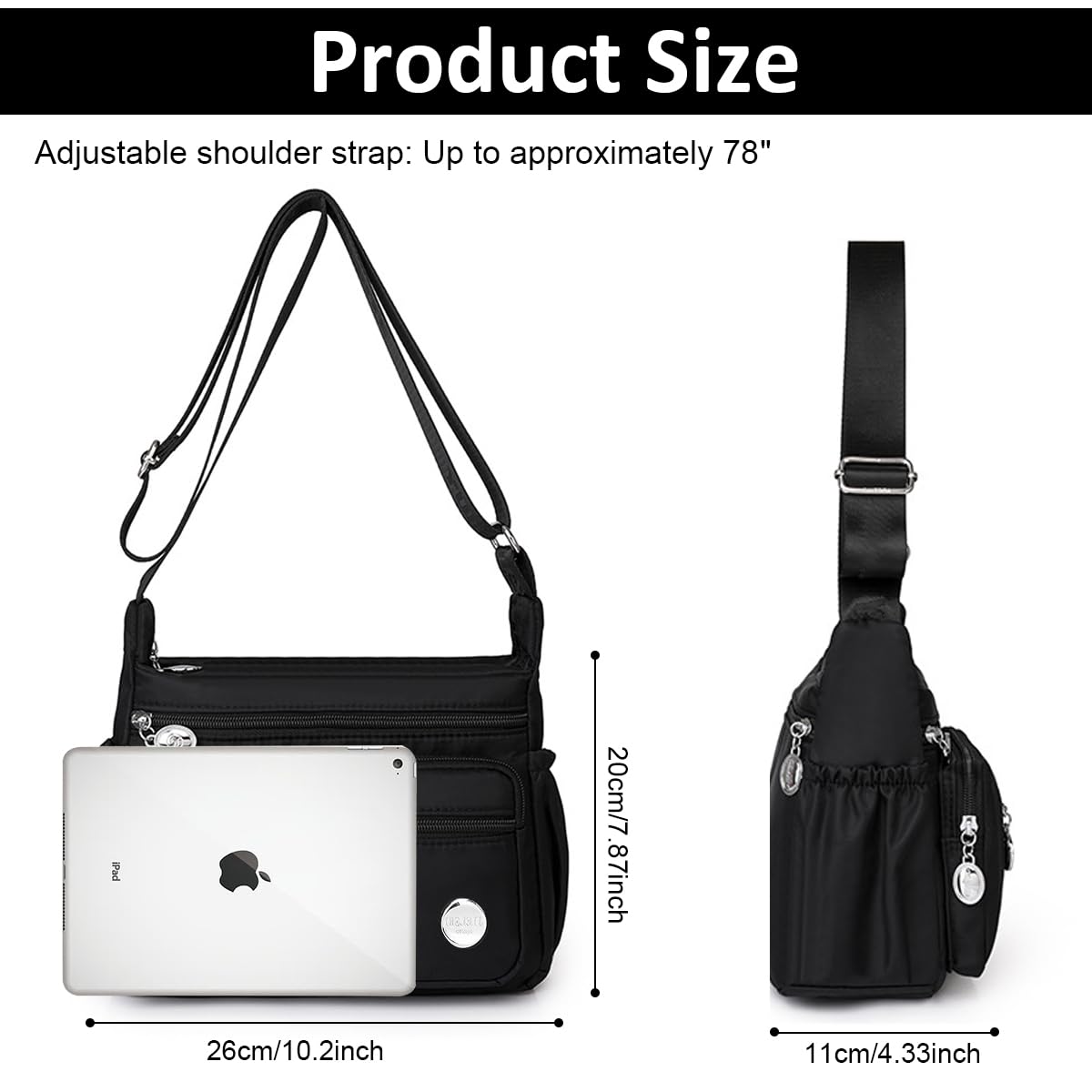PALAY Women Shoulder Bag Crossbody Bag Nylon Waterproof Bag Multi-pocket Women Sling Bag with Adjustable Shoulder Strap Fashion Bag for Women Satchel Handbag, Black, 25x21x10cm