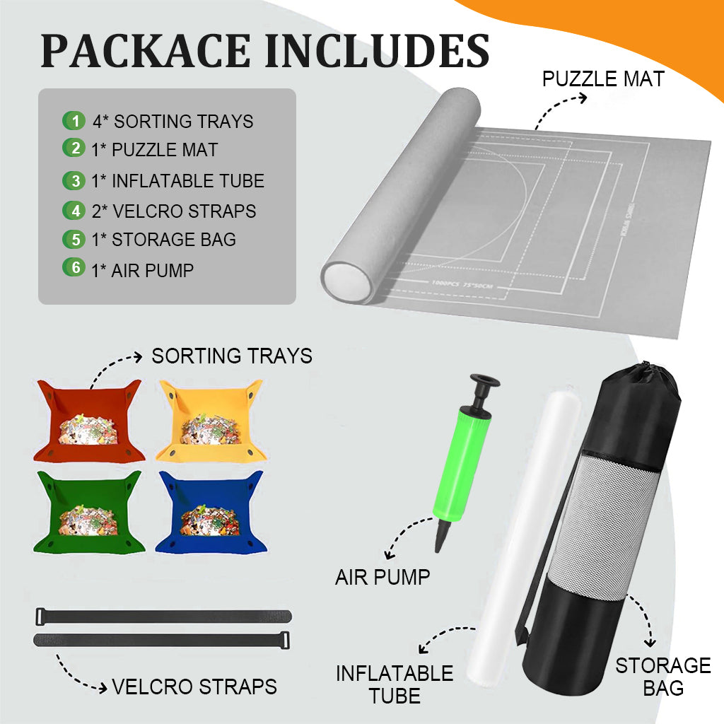 PATPAT Felt Puzzle Floor Mat Puzzle Storage Mat for 1500 Count Jigsaw Puzzle Pieces, with 4 Puzzle Pieces Organizer Tray, Air Pillar, Air Pump, Fastener Strap, Storage Bag, No Jigsaw Puzzle Included