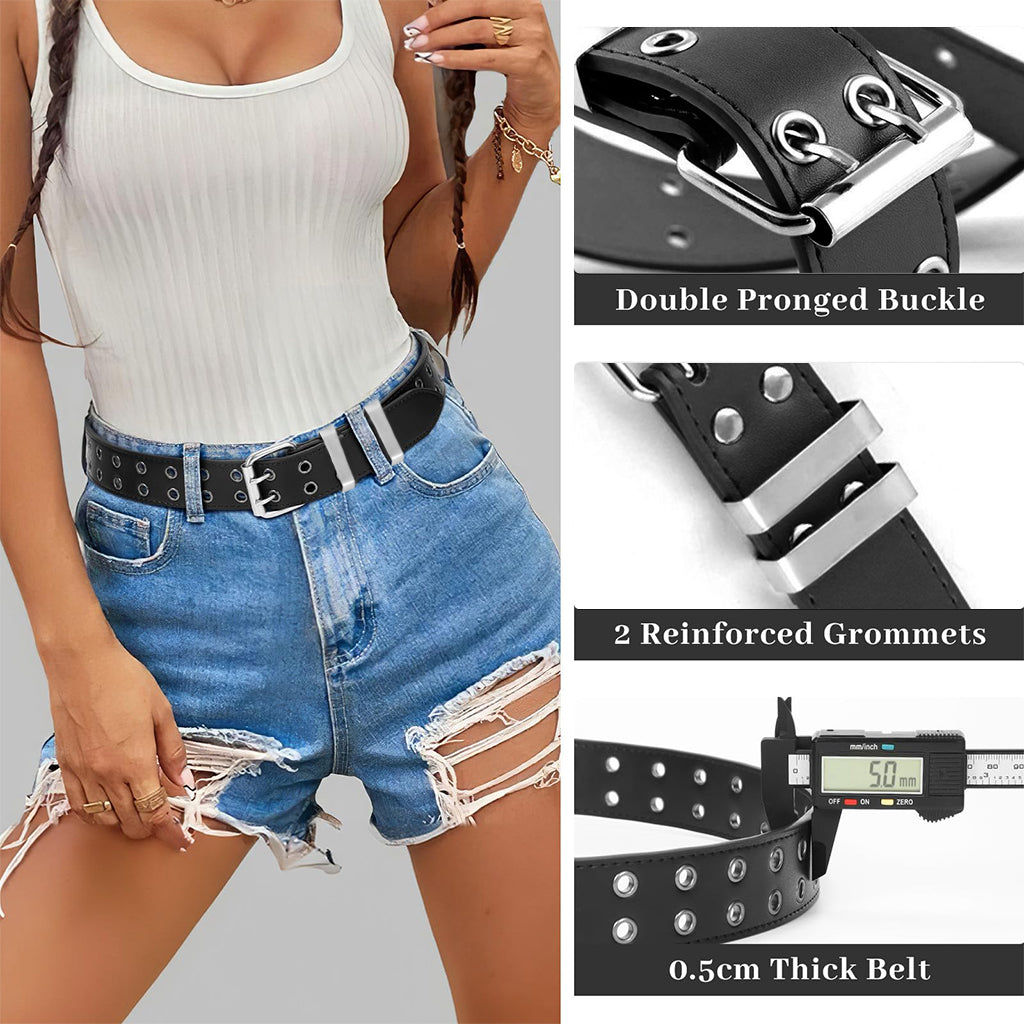 ZIBUYU Women Belt Punk Belt with Hip Chain 43 inches Women Belt Dual Row Hole Design PU Leather Belt Chic Women Belt for Pants Jeans Skirt