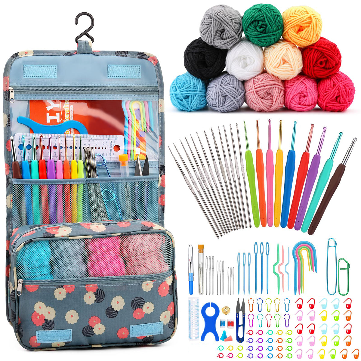 HASTHIP 130PCS Crochet Kit for Beginners Adults, Upgraded Hanging Crochet Set with Crochet Yarn for Crocheting, Ergonomic Soft Grip & Knitting Crochet Starter Kit for Knitting Craft