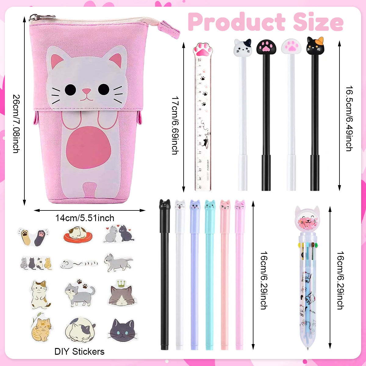 Climberty Cute Cat Stationery Set Kawaii Pop up Pencil Case with Gel Ink Pens, Multi-Color Click Pen, Mechanical Pencil & Refills, Pencil Pouch, Ruler, Eraser & DIY Stickers for Girls & Students