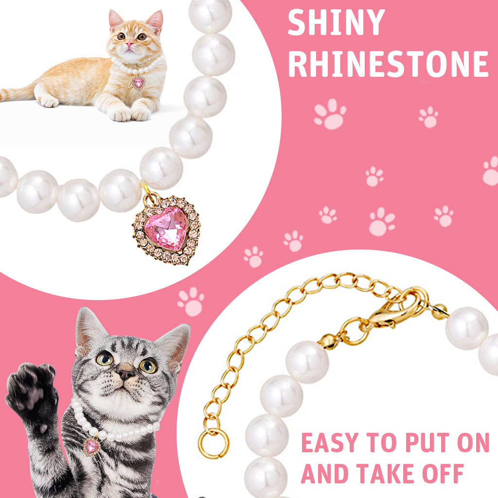 Qpets Cat Collar Jewelry Necklace Pink Rhinestone Heart Charm Pearl Necklace Adjustable 9-11 inches Cat Puppy Charm Necklace Dressing Up Jewellry Photography Prop