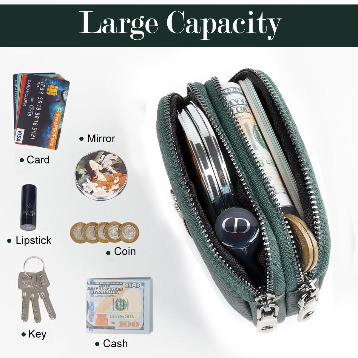 PALAY Women Coin Bag Utility Double Layer PU Small Bag Zipper Pouch Coin Bag Card Bag Purse Bag Cash Bag Birthday Gift Christmas Gift for Women, 11.5x4x7.5cm